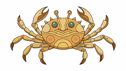 Sticker - A light brown object with a flat circular body and eight long spindly legs. Its claws are smaller and less pronounced than other crabs but its body is. Cartoon Vector.