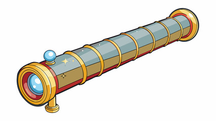 Wall Mural - A long cylindrical instrument made of shiny metal with a curved lens on one end and an eyepiece at the other. When pointed towards the night sky it. Cartoon Vector.