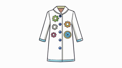 Poster - A long pristine white coat with buttons shaped like toy characters and a whimsical print of gears and cogs. The fabric is lightweight and. Cartoon Vector.