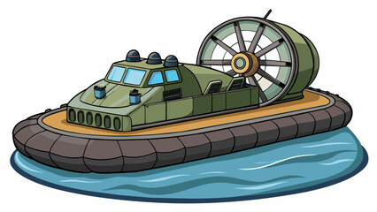 Wall Mural - A large militarygrade hovercraft sits on the shore ready to launch into the ocean. With its massive fans and sy armored hull it can easily traverse. Cartoon Vector.