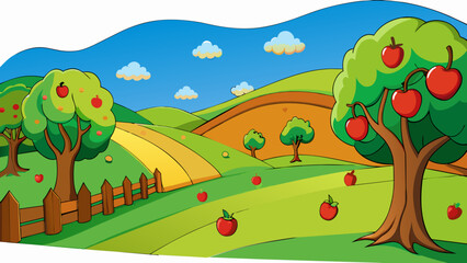 Poster - A large vibrant painting of a countryside landscape with rolling hills and a blue sky. The subject matter includes apple trees with full ripe fruit. Cartoon Vector.