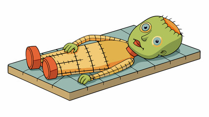 Poster - A lifeless figure lying on a slab stitchedup s crisscrossing its body and a bolt protruding from its neck. Its skin is pale and clammy and its limbs. Cartoon Vector.