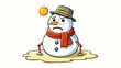 A melting snowman with a frowning face slumping over sideways as the warm sun beams down on him causing his scarf and hat to slide off.  on white. Cartoon Vector.