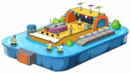 Aufkleber - A luxurious party raft complete with a builtin bar and DJ booth floats down a wide slowmoving river. Brightly colored lights illuminate the deck and. Cartoon Vector.