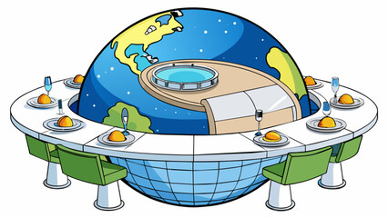 Poster - A luxurious space hotel complete with gravity simulation technology offers guests the chance to dine on gourmet meals while gazing at the mesmerizing. Cartoon Vector.