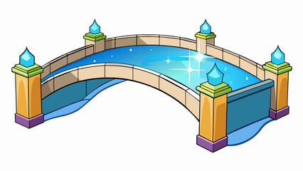 Poster - A magical glistening bridge connecting two sides of a sparkling lake its vibrant colors reflected in the water below.  on white background . Cartoon Vector.
