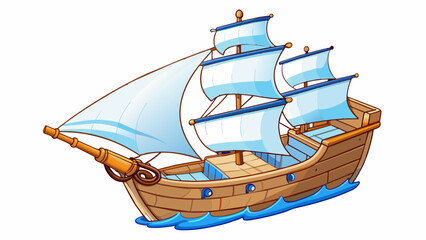 Poster - A majestic vessel with tall white sails that tower above its wooden deck. The sails billow gracefully in the wind propelling the ship across the. Cartoon Vector.