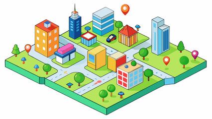 Poster - A map of a bustling city with brightly colored dots representing different types of buildings such as schools parks and businesses. Each dot also has. Cartoon Vector.