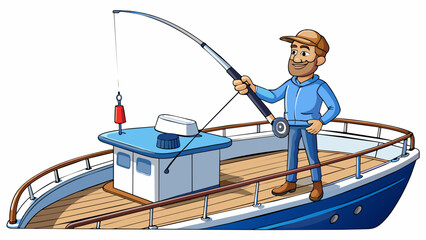 Poster - A man stands on the deck of a sy boat preparing his fishing rod with bait and a large hook. The reel is thick and heavy designed to withstand the pull. Cartoon Vector.