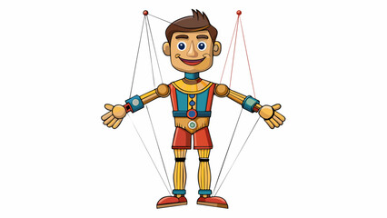 Wall Mural - A marionette is an ornate puppet made of carved wood and fabric with intricate strings attached to its articulated limbs. The strings are controlled. Cartoon Vector.