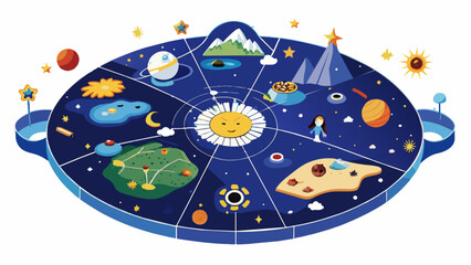 Poster - A map of the night sky showing the positions of stars and constellations along with their respective names and stories from Greek mythology. The edges. Cartoon Vector.