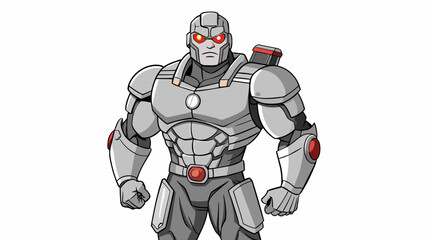 Poster - A man with a metallic exoskeleton covering his body giving him enhanced strength and durability. The exoskeleton is equipped with various gadgets and. Cartoon Vector.