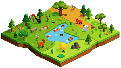 Aufkleber - A map of a forest highlighting different types of trees with different colors and symbols. It also includes illustrations of different animals that. Cartoon Vector.