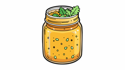 Aufkleber - A mason jar filled with a golden brown dressing flecked with bits of chopped herbs and onion. It has a bold and robust aroma and tastes rich and. Cartoon Vector.