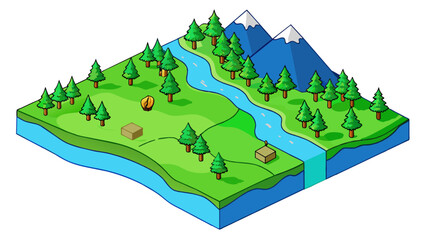 Poster - A map of a forest with various shades of green to indicate different types of vegetation. Streams and rivers are represented by thin blue lines and. Cartoon Vector.