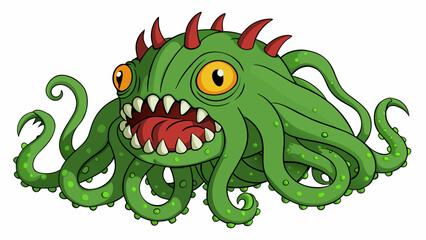 Poster - A massive sea monster with eight long tentacles each with sharp suction cups and a diameter of 10 feet. Its skin is a dark murky green and its eyes. Cartoon Vector.