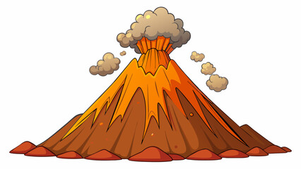 Poster - A massive crumbling volcano stands tall in the distance surrounded by smaller coneshaped peaks spewing out plumes of dark smoke. The ground is covered. Cartoon Vector.