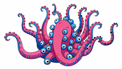 Poster - A massive pink tentacle reaching out of the deep blue ocean waters covered in bulbous suction cups and lined with sharp hooks.  on white background. Cartoon Vector.