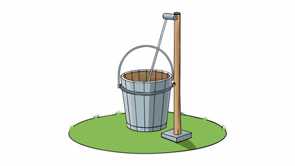 Poster - A metal bucket with a cylindricalshaped interior attached to a tall pole and positioned in an open field to collect rainfall.  on white background . Cartoon Vector.