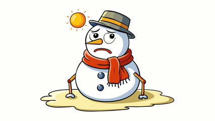 Poster - A melting snowman with a frowning face slumping over sideways as the warm sun beams down on him causing his scarf and hat to slide off.  on white. Cartoon Vector.