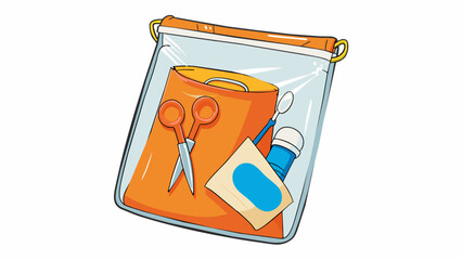 Fototapete - A mediumsized clear plastic bag with a bright orange zipper. The bag contains adhesive tape scissors tweezers and sterile gloves. The bag is durable. Cartoon Vector.