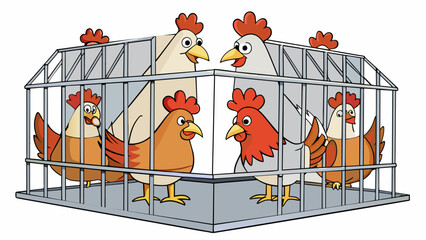 Fototapete - A metal wire cage filled with a group of hens clucking and pecking at their feed with sharp beaks.  on white background . Cartoon Vector.