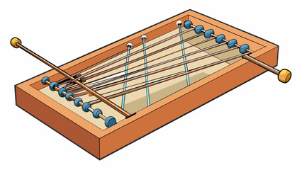 Poster - A more complicated instrument is made up of thin metal wires stretched over a wooden frame. By plucking the wires and pressing down on different. Cartoon Vector.