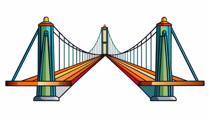 Poster - A modern suspension bridge with sleek steel towers rising high and thick cables holding up the long narrow deck. Bright LED lights line the sides. Cartoon Vector.