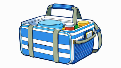 Fototapete - A modern insulated picnic cooler bag boasting a sleek design with a Blue and white striped pattern. The bag has multiple compartments perfect for. Cartoon Vector.