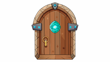 Sticker - A mysterious wooden door carved with intricate symbols and runes. The keyhole holds a strange glowing gemstone and when unlocked the door opens to. Cartoon Vector.