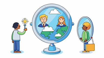 Fototapete - A mirror reflects the world around it and so does the sociologist. They reflect on the behaviors and beliefs of individuals and groups and how they. Cartoon Vector.