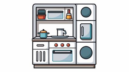 Fototapete - A modern play kitchen set with sleek black and white design equipped with a realistic refrigerator oven and dishwasher. The appliances have shelves. Cartoon Vector.