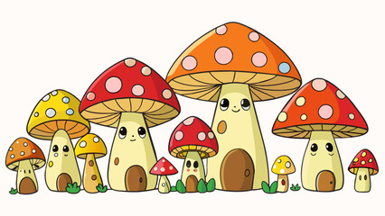 Aufkleber - A of mushrooms each one a different size and color with tiny doors and windows carved into their caps hinting at the presence of tiny fairy. Cartoon Vector.