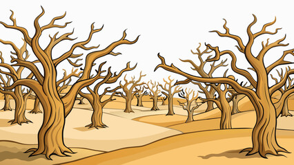 Poster - A of gnarled leafless trees huddle together against the relentless desert winds. Their twisted branches and stark silhouettes create an eerie haunting. Cartoon Vector.
