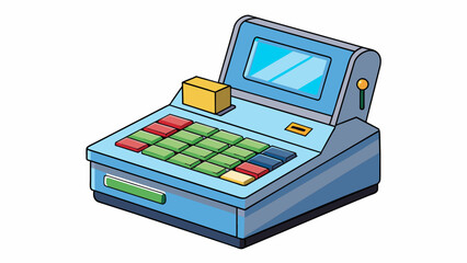 Fototapete - A modern sleek toy cash register with a touch screen display and realistic scanner for a more realistic shopping experience. The cash drawer can be od. Cartoon Vector.