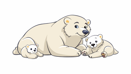 Poster - A mother polar bear and her two cubs are depicted in the third illustration. The mother is lying on her side her thick fur fluffed up to keep her cubs. Cartoon Vector.