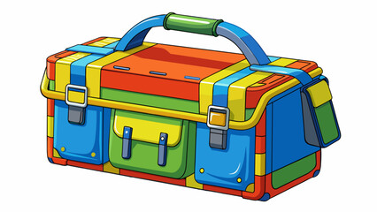 Poster - A modern tackle box made of heavyduty fabric with a bright colorful pattern. It has multiple zippered pockets and clear plastic windows for easy. Cartoon Vector.