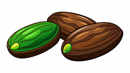 Aufkleber - A of dark brown ovalshaped nuts encased in a ly green outer husk. The shells have a slightly woody texture and a strong earthy scent. The kernels. Cartoon Vector.