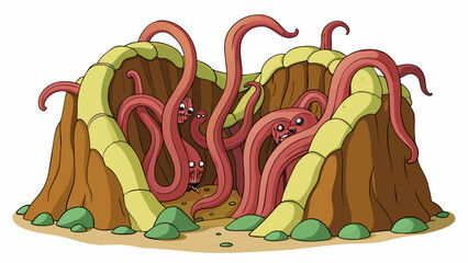 Poster - A of long webbed tentacles emerging from a rocky cavern each one as thick as a grown mans body.  on white background . Cartoon Vector.