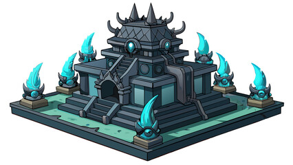 A mysterious underwater temple made of glossy black stone stands at the center of the city its walls covered in detailed carvings depicting mythical. Cartoon Vector.