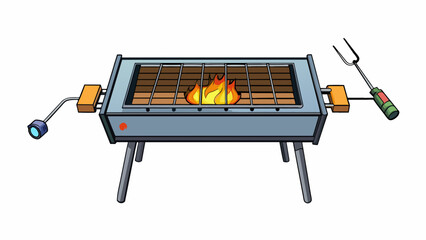 Fototapete - A modernized campfire grill made of sleek black metal with an attached rotisserie for roasting meats over the open fire. It also features a digital. Cartoon Vector.