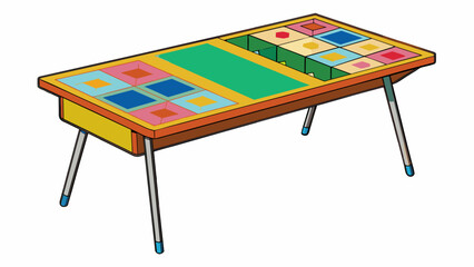 Poster - A multifunctional folding table clad in a colorful patterned vinyl cover. It has builtin storage compartments and can be transformed into a desk a. Cartoon Vector.