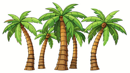 Poster - A of palm trees swaying gently in the warm breeze their long narrow leaves rustling together like whispers. Their trunks are weathered and rugged with. Cartoon Vector.