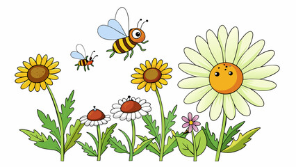 Aufkleber - A of wildflowers in a meadow with industrious bees buzzing from one flower to the next. The flowers nectar is collected by the bees and transformed. Cartoon Vector.