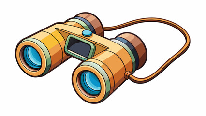 Poster - A pair of binoculars with a durable plastic frame and adjustable focus for spotting wildlife from afar. The lens cap is attached with a string to. Cartoon Vector.