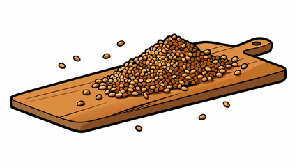 Aufkleber - A pile of small elongated and slightly curved mustard seeds tered across a wooden ting board. The seeds vary in color ranging from light tan to dark. Cartoon Vector.