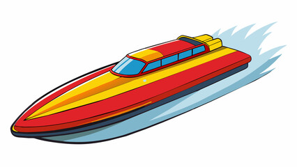 Poster - A plastic speedboat about two feet in length with a sleek streamlined body and bright red and yellow stripes streaking down the sides. The boats. Cartoon Vector.