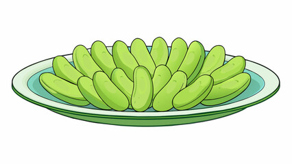 Poster - A plate of long and thin pods each containing several plump pale green seeds. Their smooth surface is interrupted by a small visible seam where the. Cartoon Vector.