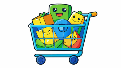 Fototapete - A plastic shopping cart with a smiling face on the front and a vibrant color scheme of blue green and yellow. The front of the cart has a small play. Cartoon Vector.