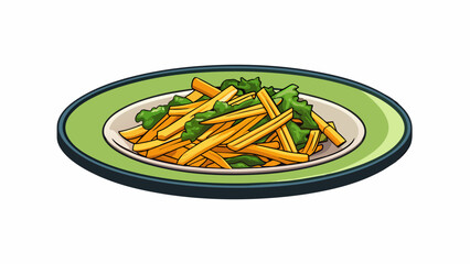 Aufkleber - A plate of savory stirfried vegetables features thin strips of wilted kale cooked to perfection. The oncecrunchy leaves now have a tender texture. Cartoon Vector.